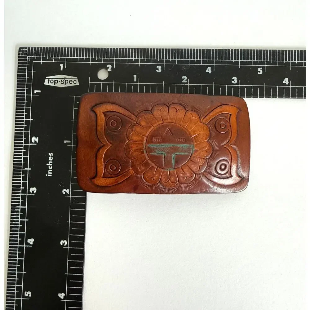 Native American Tooled Leather Belt Buckle Sunface Butterfly Southwestern